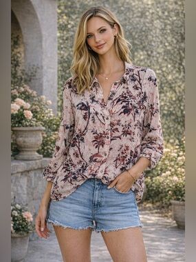 We The Free Floral Button Down Blouse Medium Boho Relaxed Top Free People EUC